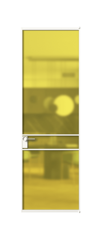 Алюминиевая дверь АЛПЛ040.02 Алюминий Белый Сатинированное жёлтое стекло, триплекс Цена 138970  | Volhovec