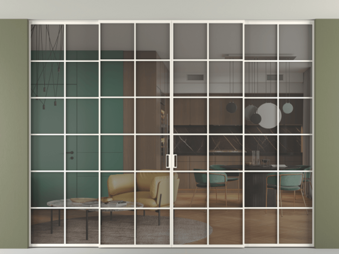 Перегородка Formato внутри проёма скрытое крепление в потолок 4 створки АЛПР 040.05 Алюминий пудровый белый Прозрачное серое стекло, триплекс. Цена 557460 ₽ 1. Полотно 4 шт. (800/2100 мм)
2. Комплект установки раздвижной системы
3. Базовый комплект фурнитуры
4.Ручка RONDO. Фабрика дверей Волховец 8 (800) 551 43 19 Перегородка Formato внутри проёма скрытое крепление в потолок 4 створки АЛПР 040.05 Алюминий пудровый белый Прозрачное серое стекло, триплекс Цена 557460 ₽ | Volhovec