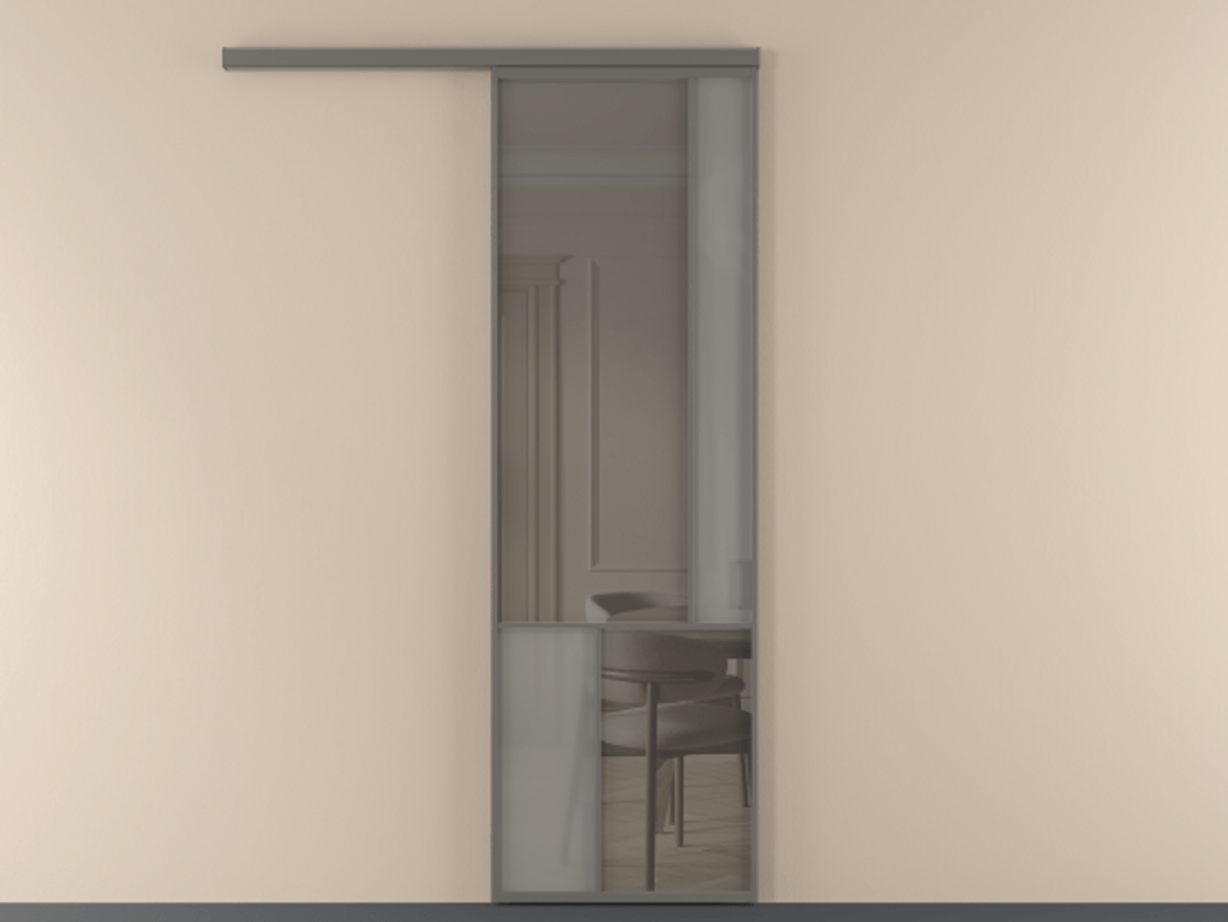 Перегородка Mosaic вдоль стены одностворчатая АЛПР 041.21 Алюминий классический серый Сатинированное серое стекло, триплекс, 6 мм + Прозрачное серое стекло, триплекс Цена 129170 ₽ | Volhovec