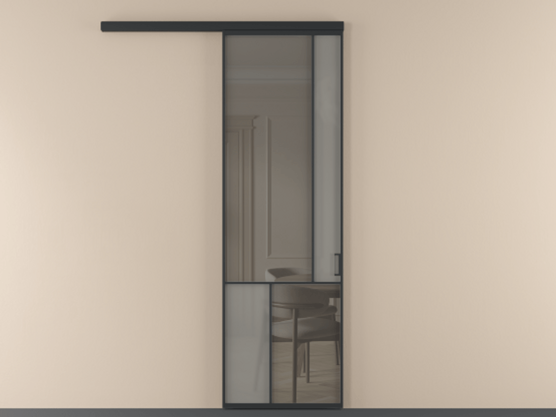 Перегородка Mosaic вдоль стены 1 створка АЛПР 041.21 Алюминий Черный Сатинированное серое стекло, триплекс, 6 мм + Прозрачное серое стекло, триплекс Цена 131390 ₽ | Volhovec