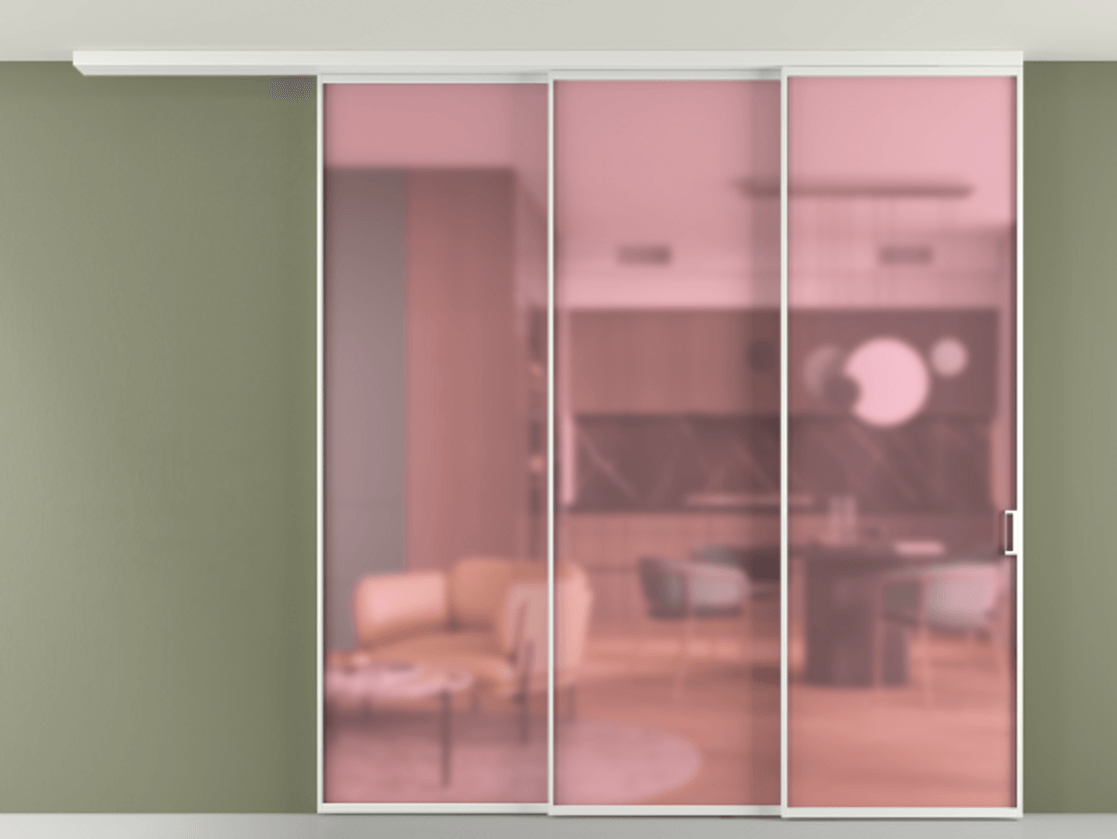 Перегородка Формато вдоль стены на потолок 3 створки с синхронным механизмом АЛПР 040.01 Алюминий белоснежный Сатинированное розовое стекло, триплекс Цена 382108 ₽ | Volhovec