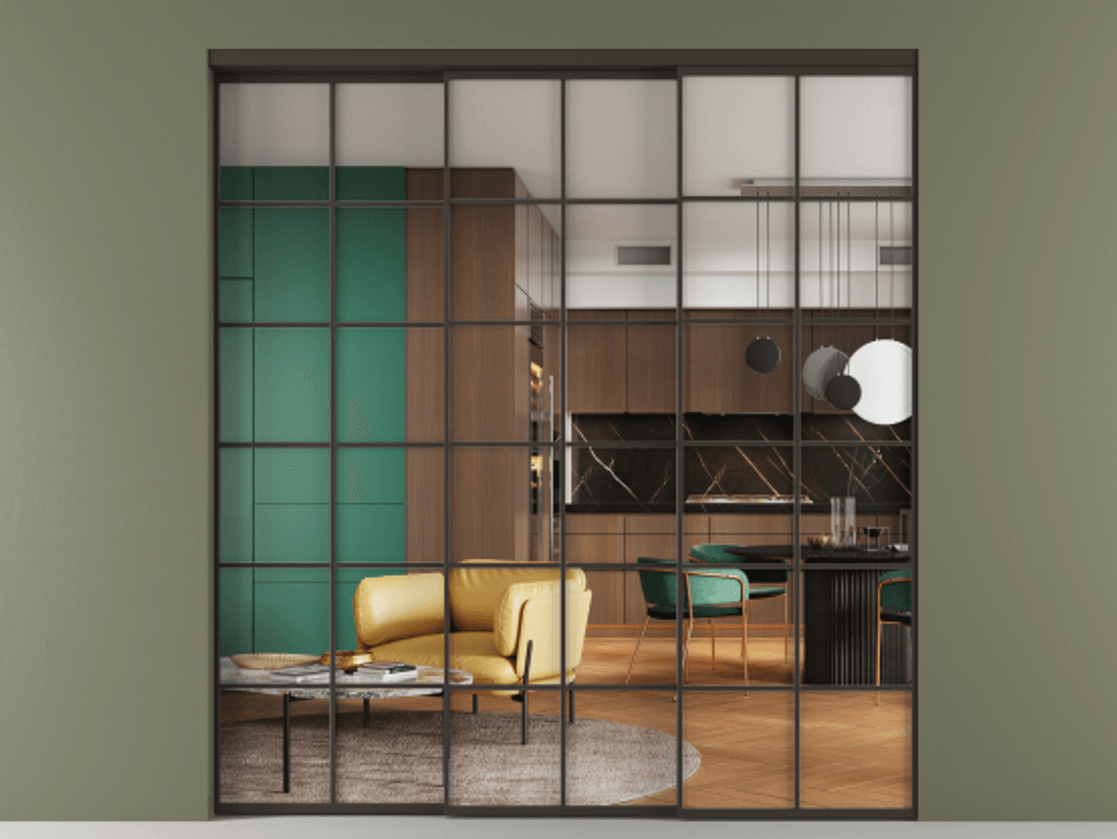 Перегородка Формато внутри проёма 3 створки с синхронным механизмом АЛПР 040.05 Алюминий антрацит Прозрачное стекло "Кристал Вижн", калёное. Цена 382460 ₽ 1. Полотно 3 шт. (800/2100 мм)
2. Комплект установки раздвижной системы
3. Базовый комплект фурнитуры
4. Комплект фурнитуры телескопик синхро-2
5.Ручка Рондо. Фабрика дверей Волховец 8 (800) 551 43 19 Перегородка Формато внутри проёма 3 створки с синхронным механизмом АЛПР 040.05 Алюминий антрацит Прозрачное стекло "Кристал Вижн", калёное Цена 382460 ₽ | Volhovec