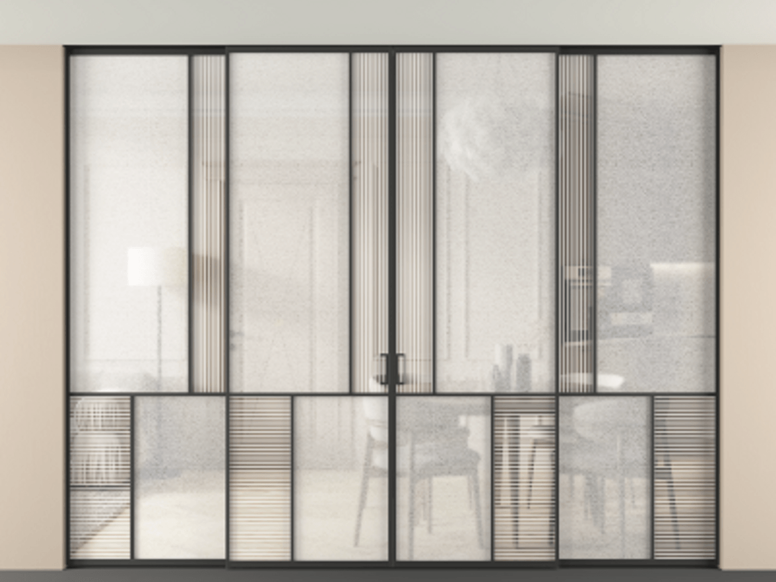 Перегородка Mosaic внутри проёма скрытое крепление в потолок 4 створки АЛПР 041.20 Алюминий Черный Рифлёное стекло "Дюна", триплекс, 6 мм + Фактурное стекло "Лёд", триплекс. Скрытый короб ЧЕР Цена 606140 ₽ . Фабрика дверей Волховец 8 (800) 551 43 19 Перегородка Mosaic внутри проёма скрытое крепление в потолок 4 створки АЛПР 041.20 Алюминий Черный Рифлёное стекло "Дюна", триплекс, 6 мм + Фактурное стекло "Лёд", триплекс Цена 606140 ₽ | Volhovec