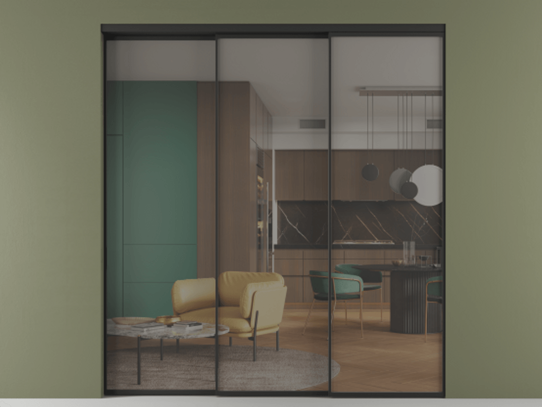 Перегородка Formato внутри проёма телескопик синхро 2 АЛПР 040.01 Алюминий Черный Прозрачное серое стекло, триплекс Цена 335500 ₽  | Volhovec