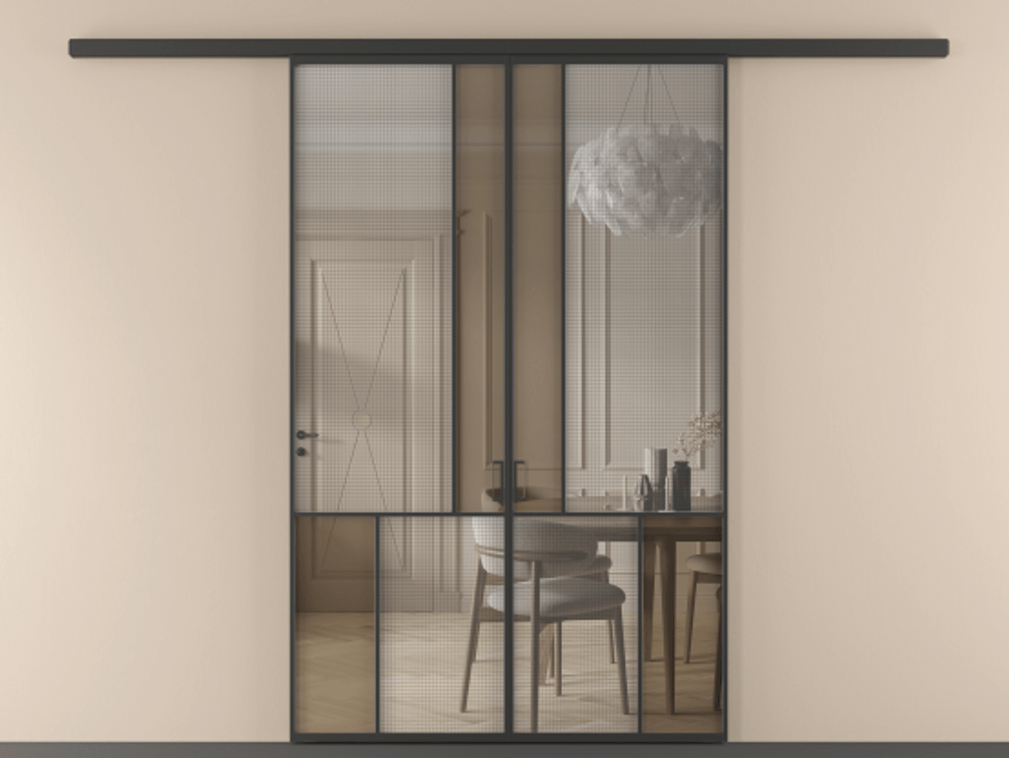 Перегородка Mosaic вдоль стены 2 створки АЛПР 041.20 Алюминий Черный Декоративное стекло с сеткой "Mesh silver", триплекс, 6 мм + Прозрачное бронзовое стекло, триплекс. Скрытый короб ЧЕР Цена 266080 ₽ . Фабрика дверей Волховец 8 (800) 551 43 19 Перегородка Mosaic вдоль стены 2 створки АЛПР 041.20 Алюминий Черный Декоративное стекло с сеткой "Mesh silver", триплекс, 6 мм + Прозрачное бронзовое стекло, триплекс Цена 266080 ₽ | Volhovec