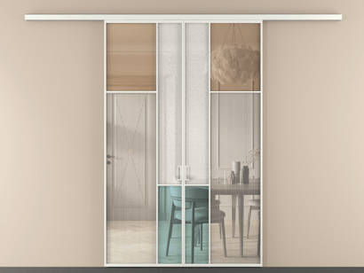 Алюминевая перегородка vd2_7 Алюминий светло-серый Четыре стекла. Цвет Алюминий светло-серый. Материал Алюминий в эмали. Коллекция Перегородка Mosaic вдоль стены двустворчатая. Картинка.