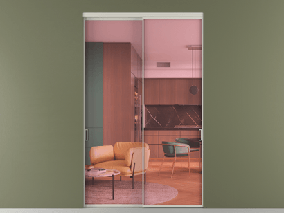 Алюминевая перегородка vn2_01_ Алюминий тёплый серый Прозрачное розовое стекло, триплекс, 6мм. Цвет Алюминий тёплый серый. Материал Алюминий в эмали. Коллекция Перегородка Formato внутри проёма двустворчатая. Картинка.