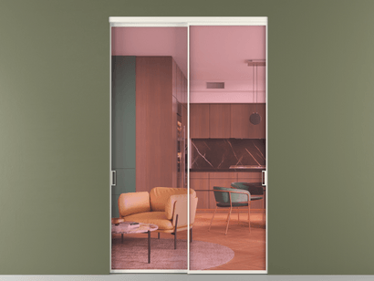 Алюминевая перегородка vn2_01_ Алюминий пудровый белый Прозрачное розовое стекло, триплекс, 6мм. Цвет Алюминий пудровый белый. Материал Алюминий в эмали. Коллекция Перегородка Formato внутри проёма двустворчатая. Картинка.