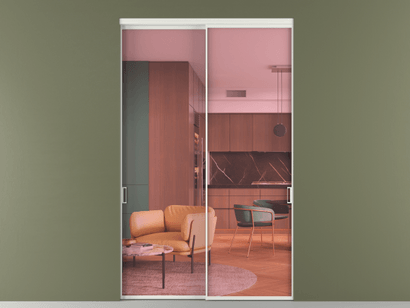 Алюминевая перегородка vn2_01_ Алюминий светло-серый Прозрачное розовое стекло, триплекс, 6мм. Цвет Алюминий светло-серый. Материал Алюминий в эмали. Коллекция Перегородка Formato внутри проёма двустворчатая. Картинка.