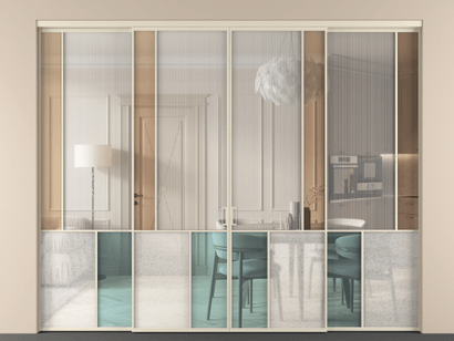 Алюминевая перегородка vnt4_3 Алюминий бежево-серый Четыре стекла. Цвет Алюминий бежево-серый. Материал Алюминий в эмали. Коллекция Перегородка Mosaic внутри проёма четырёхстворчатая. Картинка.