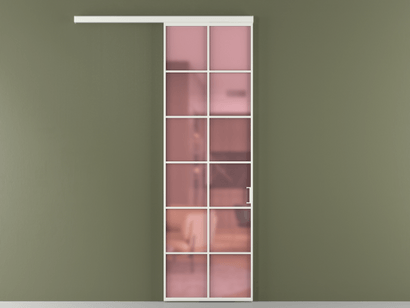 Алюминевая перегородка vd1_05_ Алюминий светло-серый Сатинированное розовое стекло, триплекс, 6мм. Цвет Алюминий светло-серый. Материал Алюминий в эмали. Коллекция Перегородка Formato вдоль стены одностворчатая. Картинка.