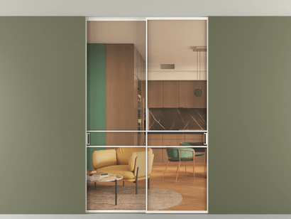 Алюминевая перегородка vn2_02 Алюминий пудровый белый Прозрачное оранжевое стекло, триплекс, 6мм. Цвет Алюминий пудровый белый. Материал Алюминий в эмали. Коллекция Перегородка Formato внутри проёма двустворчатая со скрытым креплением в потолок. Картинка.