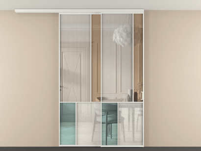 Алюминевая перегородка vdt2_1 Алюминий светло-серый Четыре стекла. Цвет Алюминий светло-серый. Материал Алюминий в эмали. Коллекция Перегородка Mosaic вдоль стены на потолок телескопик синхро 2. Картинка.