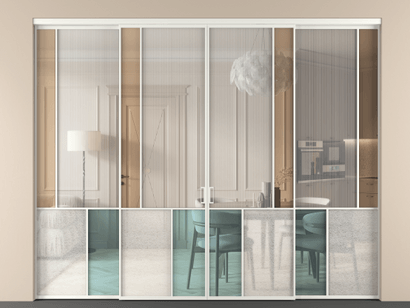 Алюминевая перегородка vnt4_3 Алюминий светло-серый Четыре стекла. Цвет Алюминий светло-серый. Материал Алюминий в эмали. Коллекция Перегородка Mosaic внутри проёма четырёхстворчатая. Картинка.