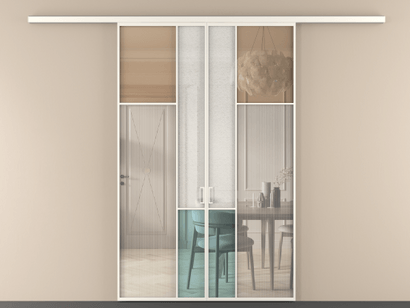 Алюминевая перегородка vd2_7 Алюминий пудровый белый Четыре стекла. Цвет Алюминий пудровый белый. Материал Алюминий в эмали. Коллекция Перегородка Mosaic вдоль стены двустворчатая. Картинка.