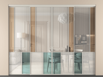 Алюминевая перегородка vnt4_3 Алюминий тёплый серый Четыре стекла. Цвет Алюминий тёплый серый. Материал Алюминий в эмали. Коллекция Перегородка Mosaic внутри проёма четырёхстворчатая. Картинка.