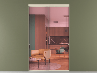 Алюминевая перегородка vn2_01_ Алюминий бежево-серый Прозрачное розовое стекло, триплекс, 6мм. Цвет Алюминий бежево-серый. Материал Алюминий в эмали. Коллекция Перегородка Formato внутри проёма двустворчатая. Картинка.