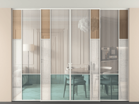 Алюминевая перегородка vntp4_6 Алюминий светло-серый Четыре стекла. Цвет Алюминий светло-серый. Материал Алюминий в эмали. Коллекция Перегородка Mosaic внутри проёма четырёхстворчатая со скрытым креплением в потолок. Картинка.