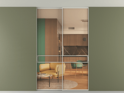 Алюминевая перегородка vn2_02 Алюминий тёплый серый Прозрачное оранжевое стекло, триплекс, 6мм. Цвет Алюминий тёплый серый. Материал Алюминий в эмали. Коллекция Перегородка Formato внутри проёма двустворчатая со скрытым креплением в потолок. Картинка.