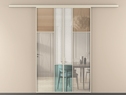 Алюминевая перегородка vd2_7 Алюминий бежево-серый Четыре стекла. Цвет Алюминий бежево-серый. Материал Алюминий в эмали. Коллекция Перегородка Mosaic вдоль стены двустворчатая. Картинка.