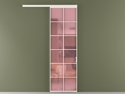 Алюминевая перегородка vd1_05_ Алюминий пудровый белый Сатинированное розовое стекло, триплекс, 6мм. Цвет Алюминий пудровый белый. Материал Алюминий в эмали. Коллекция Перегородка Formato вдоль стены одностворчатая. Картинка.