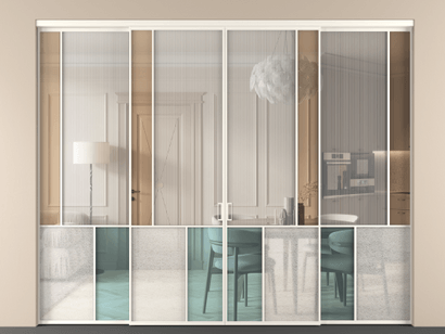 Алюминевая перегородка vnt4_3 Алюминий пудровый белый Четыре стекла. Цвет Алюминий пудровый белый. Материал Алюминий в эмали. Коллекция Перегородка Mosaic внутри проёма четырёхстворчатая. Картинка.