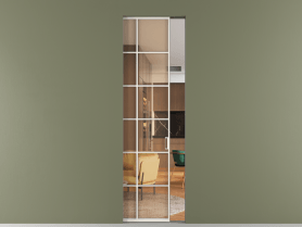 Алюминевая перегородка skr1_05_ Алюминий пудровый белый Прозрачное оранжевое стекло, триплекс, 6мм. Цвет Алюминий пудровый белый. Материал Алюминий в эмали. Коллекция Перегородка Formato скрытый пенал 1 створка. Картинка.