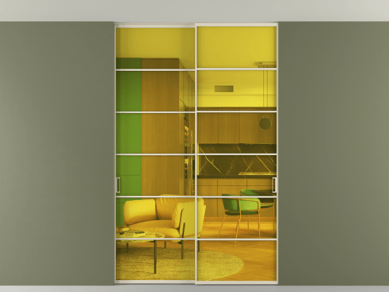 Алюминевая перегородка vn2_04 Алюминий бежево-серый Прозрачное жёлтое стекло, триплекс, 6мм. Цвет Алюминий бежево-серый. Материал Алюминий в эмали. Коллекция Перегородка Formato внутри проёма скрытое крепление в потолок 2 створки. Картинка.