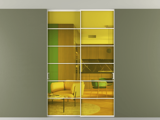 Алюминевая перегородка vn2_04 Алюминий пудровый белый Прозрачное жёлтое стекло, триплекс, 6мм. Цвет Алюминий пудровый белый. Материал Алюминий в эмали. Коллекция Перегородка Formato внутри проёма скрытое крепление в потолок 2 створки. Картинка.