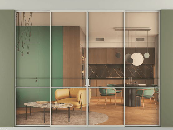 Алюминевая перегородка vn2+2_02 Алюминий тёплый серый Прозрачное оранжевое стекло, триплекс, 6мм. Цвет Алюминий тёплый серый. Материал Алюминий в эмали. Коллекция Перегородка Formato внутри проёма скрытое крепление в потолок 4 створки. Картинка.