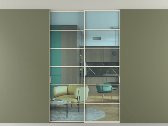 Алюминевая перегородка vn2_04 Алюминий бежево-серый Прозрачное голубое стекло, триплекс, 6мм. Цвет Алюминий бежево-серый. Материал Алюминий в эмали. Коллекция Перегородка Formato внутри проёма скрытое крепление в потолок 2 створки. Картинка.