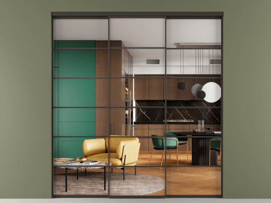 Алюминевая перегородка АЛПР 040.04_ААН_Crystalvision_new. Цвет Алюминий антрацит. Материал Алюминий в эмали. Коллекция Перегородка Формато внутри проёма 3 створки. Картинка.