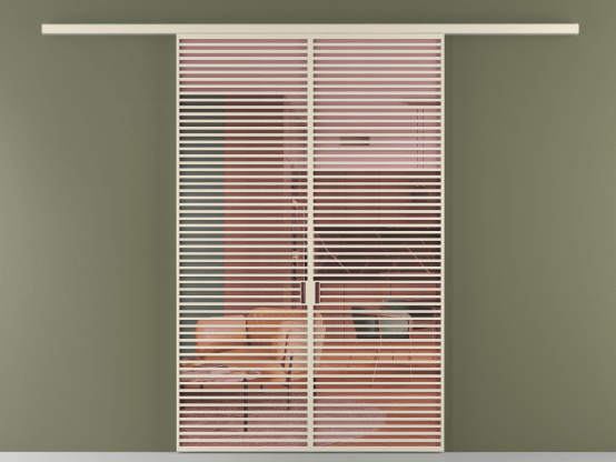 Алюминевая перегородка vd2_07_ Алюминий бежево-серый Прозрачное розовое стекло, триплекс, 6мм. Цвет Алюминий бежево-серый. Материал Алюминий в эмали. Коллекция Перегородка Formato вдоль стены 2 створки. Картинка.