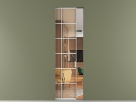 Алюминевая перегородка skr1_05_ Алюминий светло-серый Прозрачное оранжевое стекло, триплекс, 6мм. Цвет Алюминий светло-серый. Материал Алюминий в эмали. Коллекция Перегородка Formato скрытый пенал 1 створка. Картинка.