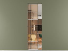 Алюминевая перегородка skr1_05_ Алюминий тёплый серый Прозрачное оранжевое стекло, триплекс, 6мм. Цвет Алюминий тёплый серый. Материал Алюминий в эмали. Коллекция Перегородка Formato скрытый пенал 1 створка. Картинка.