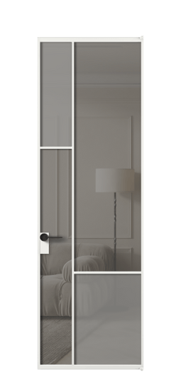 Дверь межкомнатная АЛПЛ041.13 АБЛСерый сатин матовое + Серый прозрачное. Цвет Алюминий белоснежный. Материал Алюминий в эмали. Коллекция Mosaic. Картинка.