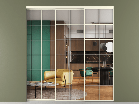 Алюминевая перегородка АЛПР 040.05_АМБ_Crystalvision_new. Цвет Алюминий молочно-белый. Материал Алюминий в эмали. Коллекция Перегородка Формато внутри проёма 3 створки с синхронным механизмом. Картинка.