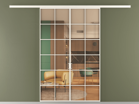 Алюминевая перегородка vd2_05_ Алюминий пудровый белый Прозрачное оранжевое стекло, триплекс, 6мм. Цвет Алюминий пудровый белый. Материал Алюминий в эмали. Коллекция Перегородка Formato вдоль стены 2 створки. Картинка.